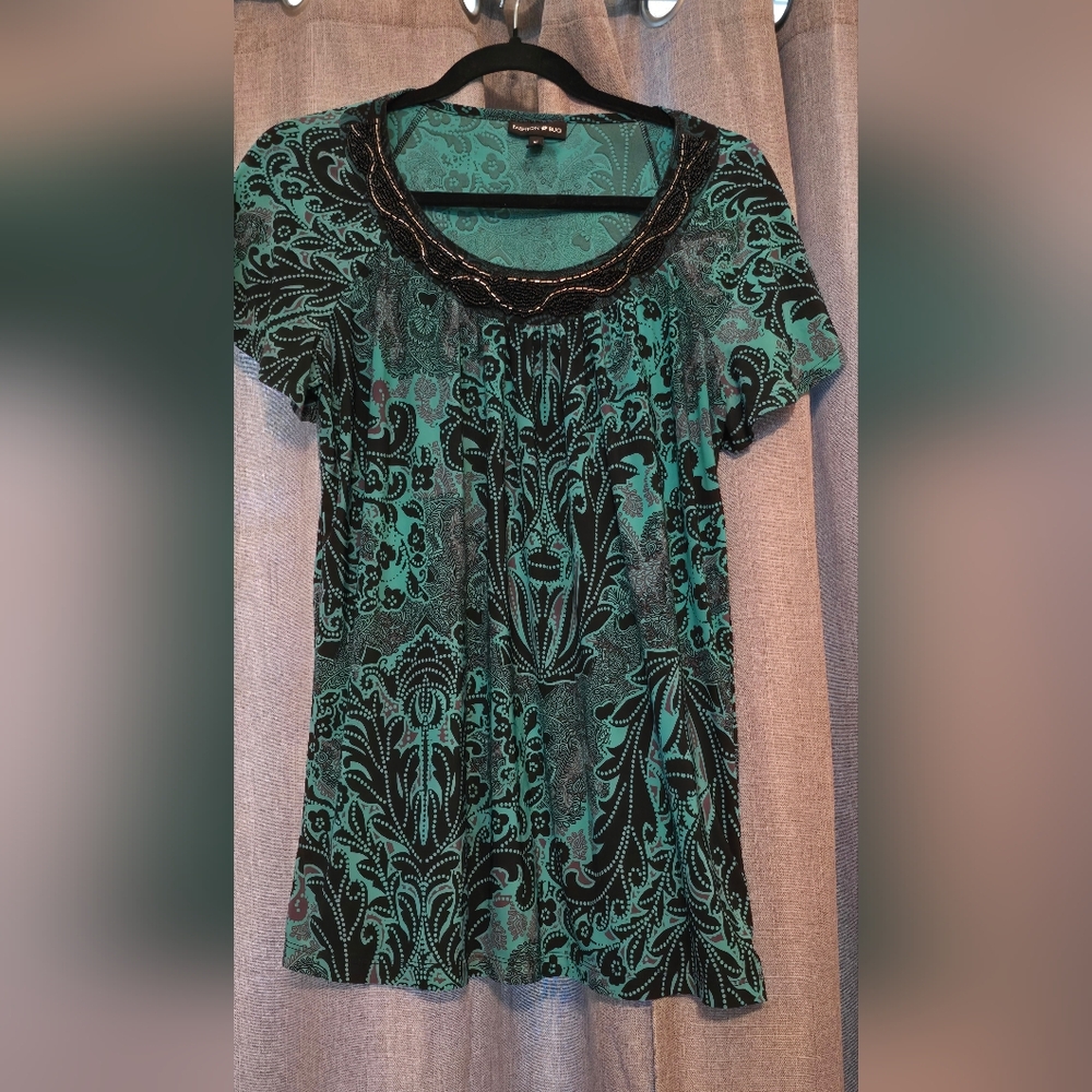 Fashion Bug Teal and Black Patterned Blouse